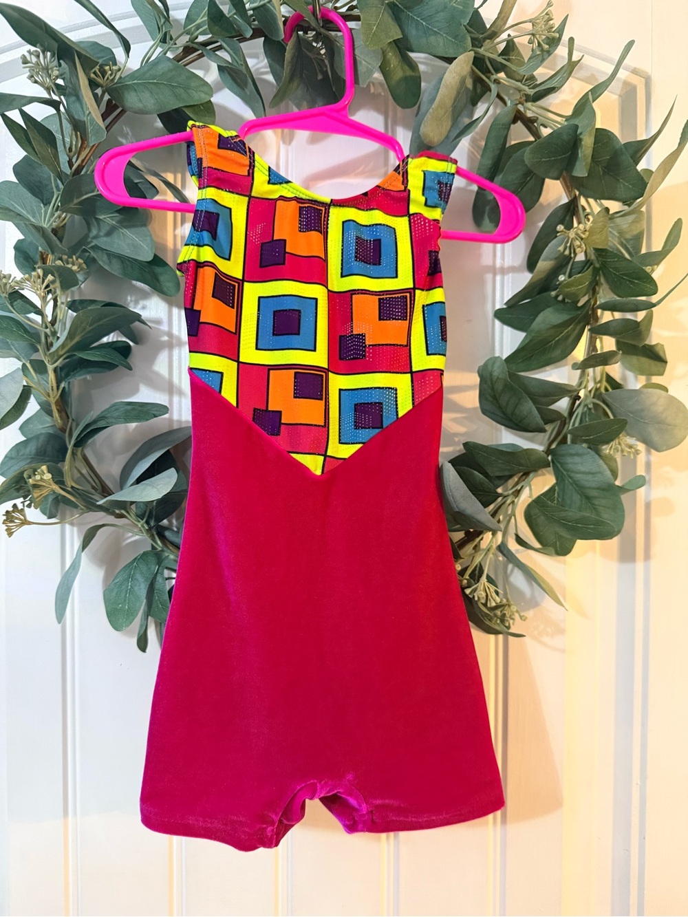 💫4/$25 • Girls Bright Pink Gymnastics Leotard with Geo Print Yoke